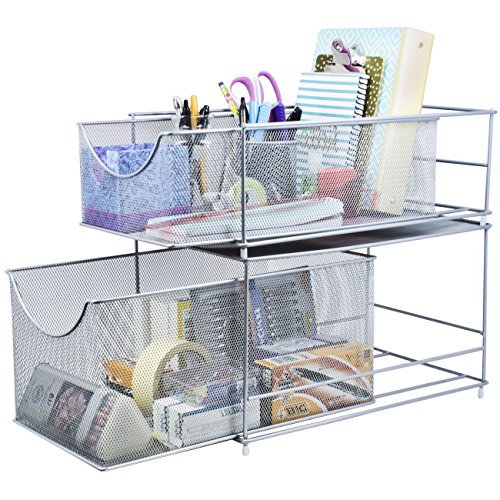 Sorbus® Cabinet Organizer Set —Mesh Storage Organizer with Pull Out Drawers—Ideal for Countertop, Cabinet, Pantry, Under the Sink, Desktop and More (Silver Two-Piece Set) - color: Silver, size: 2 Drawer