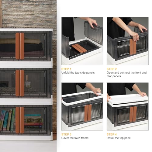 AJP Distributors 3 Pack of 8.5 GAL Stackable Storage Bins with Lids, Plastic Collapsible Totes, Folding Box Storage Containers, Stacking Wardrobe Closet Organizer For Home Office Clothing Books