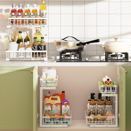 REALINN Under Sink Organizer, Height Adjustable Under Sink Organizers and Storage, 2 Tier Pull Out Drawer Cabinet Storage for Kitchen Bathroom, 2 Pack, White - color: White, size: 2 Pack
