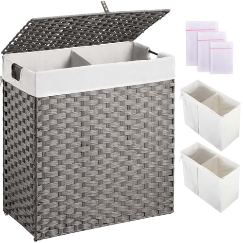 Greenstell Laundry Hamper with lid, No Install Needed, 110L Wicker Laundry Baskets Foldable 2 Removable Liner Bags, 2 Section Clothes Hamper Handwoven Rattan Laundry Basket with Handles, Gray - color: Gray, size: 110L (22.2x13.3x24.0 Inches)