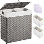 Greenstell Laundry Hamper with lid, No Install Needed, 110L Wicker Laundry Baskets Foldable 2 Removable Liner Bags, 2 Section Clothes Hamper Handwoven Rattan Laundry Basket with Handles, Gray - color: Gray, size: 110L (22.2x13.3x24.0 Inches)
