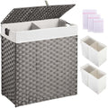 Greenstell Laundry Hamper with lid, No Install Needed, 110L Wicker Laundry Baskets Foldable 2 Removable Liner Bags, 2 Section Clothes Hamper Handwoven Rattan Laundry Basket with Handles, Gray - color: Gray, size: 110L (22.2x13.3x24.0 Inches)