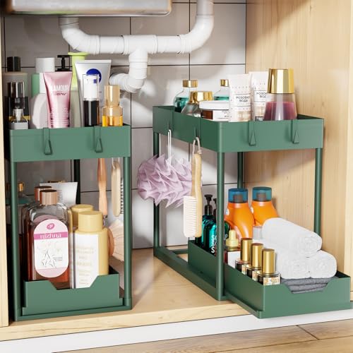 Simple Trending Under Sink Organizer 2 Pack, Sink Pull-Out Sliding Storage Cabinet, 2-Tier Under Shelf Organizer for Kitchen Bathroom, Green - color: Green, size: 2 pack