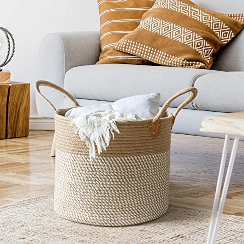 CHICVITA Large Wicker Jute Woven Storage Basket with Handles – Blanket Laundry Basket for Toys Towels Home Decor, White, 14" x 14" x 12" - color: White, size: 14"W x 12"H