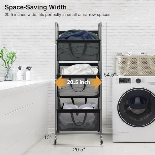 STO STO 3-Tier Vertical Rolling Laundry Hamper with Removable Bags, 120L Stackable Laundry Sorter Basket, Clothes Hamper with Wheels for Small Spaces, Closet, Bedroom, Bathroom, Laundry Room, Black - color: Black Mesh