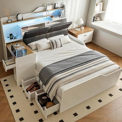 Kikihouse Queen Size Platform Bed with Foldable Desk & Storage Headboard | Bookshelf, 4 Drawers, LED Lights, USB Ports, No Box Spring Needed, Space-Saving - size: Queen