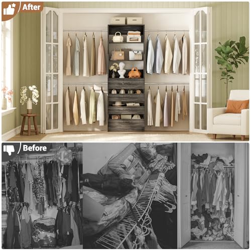 Aheaplus Closet System, 4-9 Ft Closet Organizer with 4 Wooden Drawers, Wood Closet Organizer System with Tower, Walk-in Closet Organizer Wardrobe Clothes Rack with 4 Hanging Rods, Black Oak - color: Black Oak