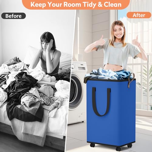 SpaceTrove Laundry Basket with Wheels, Collapsible Laundry Baskets, Laundry Hamper with Handles Detachable Wheels, Rolling Laundry Basket, Dirty Clothes Hamper for Bathroom, Dorm, Bedroom, Blue, 100L - color: Blue, size: 100L