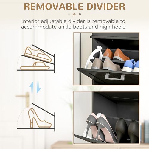 HOMCOM Narrow Shoe Cabinet with 2 Flip Drawers, Modern Freestanding Shoe Storage Cabinet with Adjustable Shelves for Entryway, Hallway, Black - color: Black