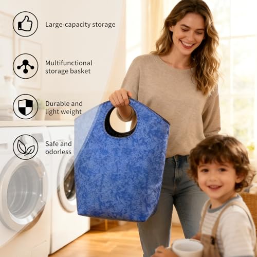 47L Large Capacity Foldable Laundry Basket, 18"x17"x9.5" Portable Collapsible Laundry Hamper with Soft Handle, Waterproof Storage Bag for Bathroom Bedroom Camping Travel - color: Earth texture blue, size: 17"L x 9.5"W x 18"H