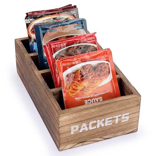 BSTKEY Seasoning Packet Organizer, Food Packet Storage Organizer with 4 Compartments, Wooden Storage Caddy for Kitchen Pantry Cabinet, Farmhouse Kitchen Organization Bin for Snacks Spice Packets - color: Vintage Wood