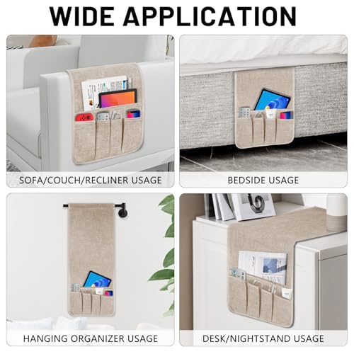Couch Armrest Remote Control Holder, Couch Caddy Gifts for Seniors Bed Caddy Tv Remote Holder with 5 Pockets for Key Glasses Phone Magazine Holders - color: Beige