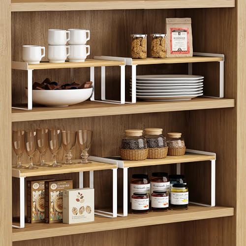 Goozii Kitchen Cabinet Organizer Shelf Set of 4, Large Stackable Pantry Cupboard Countertop Storage and Organizer, Desk Shelf Riser, Spice Plate Cup Expandable Storage Rack (Bamboo White) - color: White-bamboo, size: Large