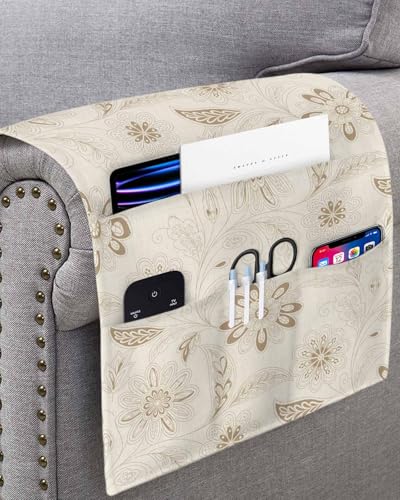 Sofa Armrest Organizer Bedside Caddy, Vintage Brown Floral Non Slip Couch Remote Control Holder for Recliner, Rustic Abstract Flower Burlap Arm Chair Caddy with Pocket for Magazine Phone, 13"x35" - color: Khaki, size: 13x35 in