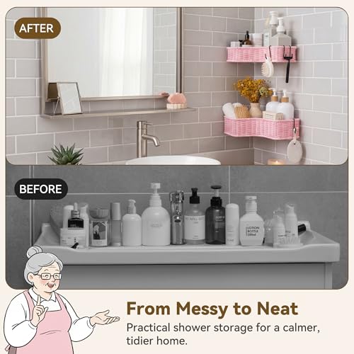 GRANNY SAYS 2 Pack Wicker Corner Shower Caddy Hanging, Shower Shelf for Inside Showers, Adhesive Shelves for Bathroom Organizers and Storage, Bathroom Shelves Wall Mounted with 4 Hooks for Decor, Pink - color: Pink, size: Corner