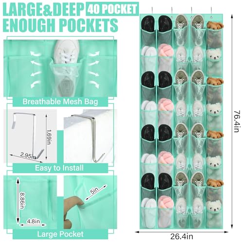 Windyun 40 over the Door Shoe Organizer Large Mesh Pocket Hanging Shoe Rack for Closet Turquoise Nonslip Behind Door Storage Holder Back to School Organizer for Dorm Room College Classroom Storage - color: Turquoise