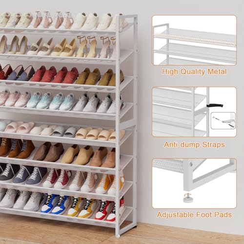 Large Shoe Rack 8 Tier Shoe Organizer, Heavy Duty Metal 4-Tier Stackable Shoe Storage Vertical Shoe Rack for Closet Front Door Entrance, Up to 50 Pairs, 44.8" W x 11.4" D x 56.7" H, White - color: White, size: 8 Tier