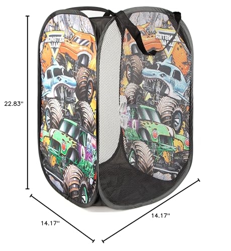 Jay Franco Monster Jam Break Out Pop Up Hamper - Mesh Laundry Basket/Bag with Durable Handles - Features Grave Digger & Megalodon - color: Monster Jam