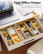 12-Piece Bamboo Desk Drawer Organizer Set – Adjustable Storage Boxes with 24 Compartments, Non-Slip, Modular Design for Office, Jewelry, Vanity, and Kitchen Utensil Drawer Storage - size: 24 Compartments