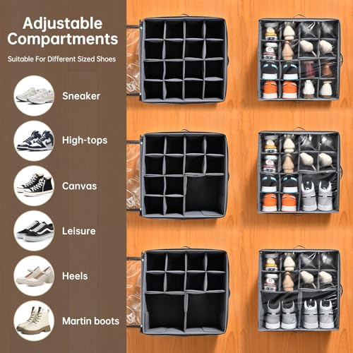 INSTY 2 Pack Shoe Organizer for Closet,Fits up to 32 Pairs,Adjustable Dividers for Shoe Storage,Fabric Shoe Storage Bins with Clear Cover,Grey - color: Grey