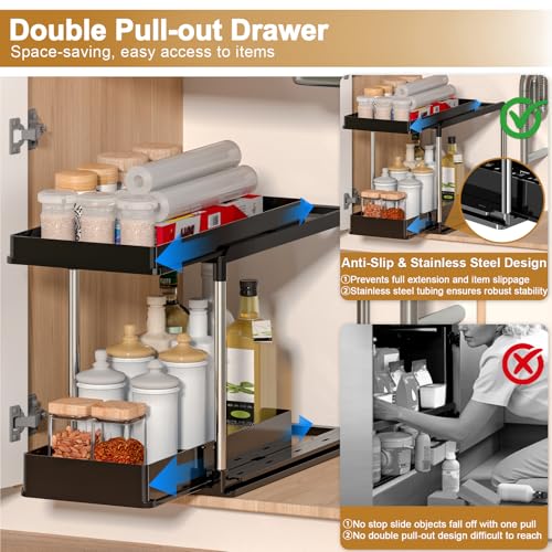 NIUXX Expandable Under Sink Organizer: 2 Tier Under Cabinet Organizer - Double Pull Out Shelf Under Sink Storage for Kitchen - Bathroom and Laundry Room - Space Saving - size: 27.9"L x 15.51"W-Fixed height