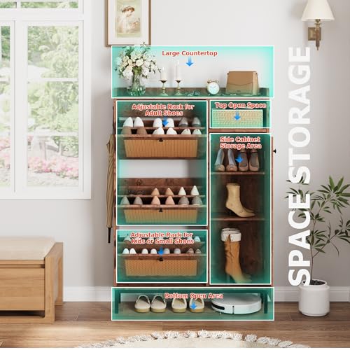 GarveeHome Shoe Cabinet Rattan with 3 Flip Drawers and 4-Tier Shoe Storage Cabinet, Freestanding Shoe Organizer with Adjustable Shelves for Entryway, Closet, Hallway (Tree Pomegranate) - color: Tree Pomegranate, size: 3-Drawers + 1-Door