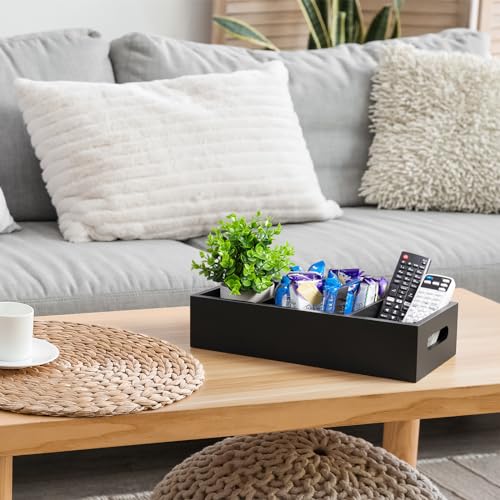 14 Inch Bathroom Basket with Removable Dividers - 3 Comparments Wood Toilet Paper Basket with Handle for Back of Toilet Tank Topper - Black Storage Organizer for Bathroom Kitchen Pantry Organization - color: Black