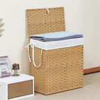 DUMOS Wicker Laundry Basket with Lid, 110L Woven Laundry Hamper with Handles, Foldable Rattan Clothes Hamper with Removable Liner & Sturdy Steel Frame, Goose Yellow - color: Goose Yellow, size: 110L