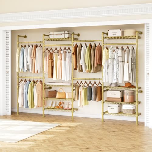 ONBRILL H4 Wall Mounted Closet System, Expandable Industrial Pipe Clothes Rack Clothing Rack for Hanging Clothes, Heavy Duty Closet Organizers and Storage in Wardrobe Closet - Gold - color: Gold