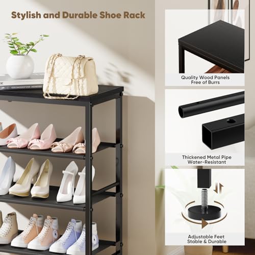 Mavivegue 6 Tier Shoe Rack Organizer, Metal Organizer Shelf with with MDF Top Panel and Layer Fabric, Shoe Rack for Front Door Entrance, Black & Rustic Brown - size: 6 Tier