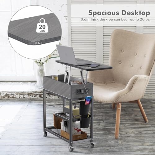 Colima Lift Top End Table with Charging Station and Wheels, Sofa Side Table with USB Port & AC Outlets, Movable Bedside Nightstand with Side Bag for Office Living Room Bedroom(Gray) - color: Grey