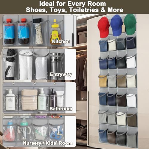 Over The Door Shoe Organizer - Space Saving Shoe Rack for Closet Door with 24 Crystal Clear Pockets and Metal Hooks, Shoe Holder Back of Door Organizers for Shoes, Gray Hanging Shoe Organizer (Gray) - color: Gray, size: 1pc