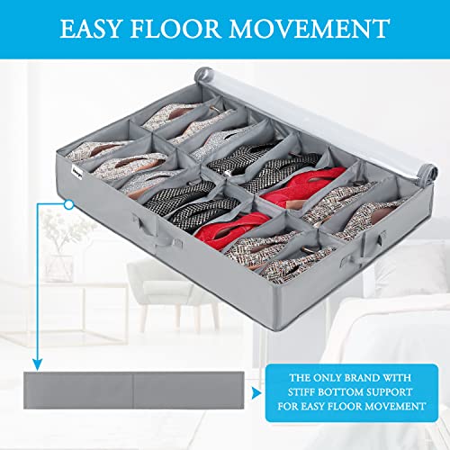 INAYA Under Bed Shoe Storage Organizer 2 Pack, Fits 32 Pairs, Large Underbed Shoe Box Storage Containers, Clear Foldable Shoes Organizer Under the Bed Sturdy Structure with Hard Bottom Support - size: 16+16 Cells (Bottom Support)