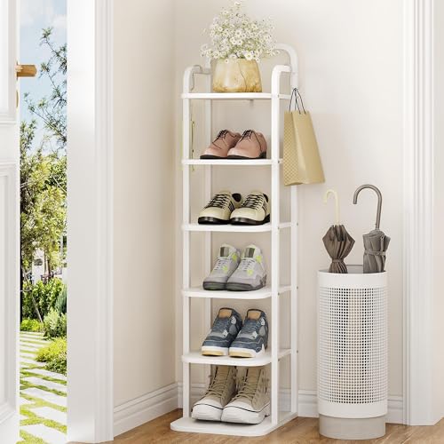 Hzuaneri 6 Tiers Vertical Shoe Rack, Narrow Shoe Tower, Tall Shoes Shelf with 2 Hooks, Adjustable Shelves, Corner Shoes Shelves for Small Spaces, Entryway, Living Room, White SR04213W - color: White, size: 6 Tier(11.8"D x 10.4"W x 39.8"H)