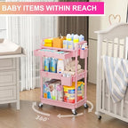 Goovilla 3 Tier Rolling Utility Cart Organizer with Removable Drawer, Stable and Sturdy Pink Rolling Storage Carts with 2 Lockable Wheels for Bathroom, Kitchen, Snack, Craft, Makeup, Baby Essentials - size: 3 Tier, style: Pink