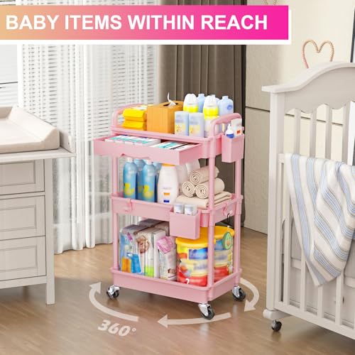 Goovilla 3 Tier Rolling Utility Cart Organizer with Removable Drawer, Stable and Sturdy Pink Rolling Storage Carts with 2 Lockable Wheels for Bathroom, Kitchen, Snack, Craft, Makeup, Baby Essentials - size: 3 Tier, style: Pink