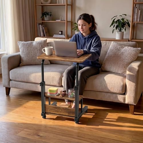 WINAZ C Shaped Rolling Laptop Desk - 24" Rustic Brown Mobile Kids Desk with Wheels for Small Spaces, Height Adjustable Overbed Table with 2-Tier Storage Shelves - color: Rustic Brown