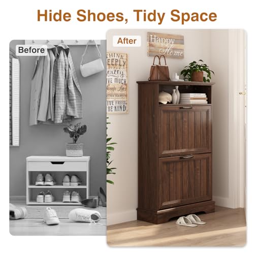 Shoe Storage Cabinet with 2 Flip Drawers, 24" W Farmhouse Modern Hidden Shoes Rack Cabinet with Adjustable Shelves & Open Storage, Narrow Slim Shoe Organizer for Front Door Entrance, Entryway, Walnut - color: Brown, size: 2-Drawers