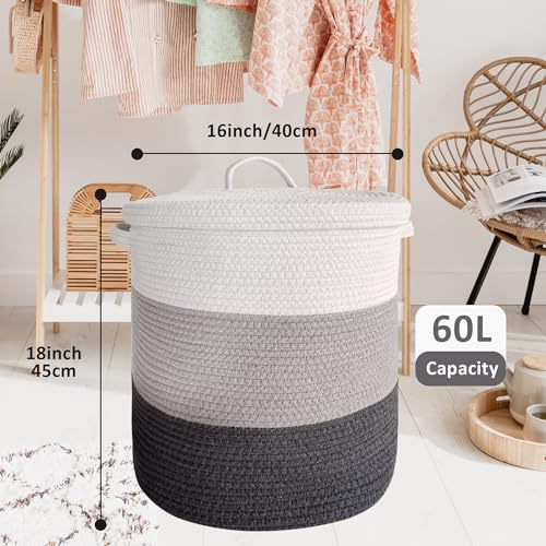 Large Storage Basket with Lid 60L, 16"Wx18"H Woven Laundry Basket with Lid Cotton Laundry Basket, Wicker Basket Blankets Pillows Storage in Living Room Baby Nursery, Dark Gray/Gray/White Mix with Lid - color: Dark Gray/Gray/White Mix-16"Wx18"H