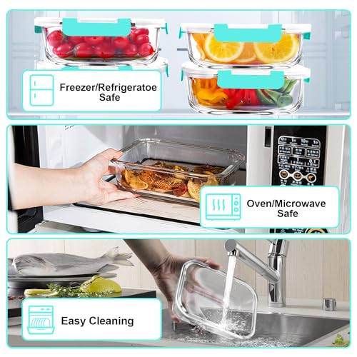 VERONES 5 Pack 36 OZ Glass Meal Prep Containers, Airtight Glass Lunch Containers Set, Glass Food Storage Containers with Lids,Exclusive of BPA, for Microwave, Oven, Freezer & Dishwasher Friendly,Green - color: Green