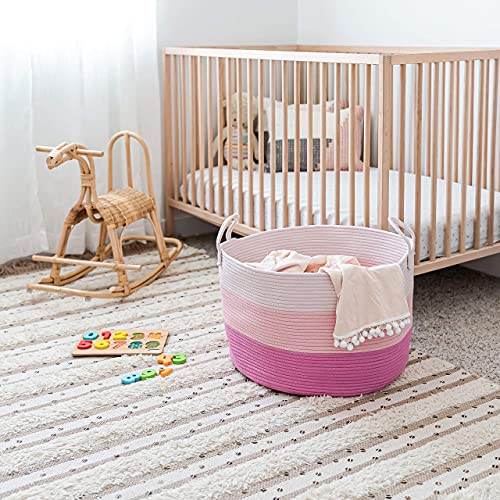 OrganiHaus Large Woven Storage Basket for Blankets and Toys 20" x 13" Inch, Rope Laundry Basket with Handles, Cushions & Pillows Storage Bin, Nursery Hamper, Soft Round Dog Toy Bin - Pink - color: 3-toned Pink, size: Wide