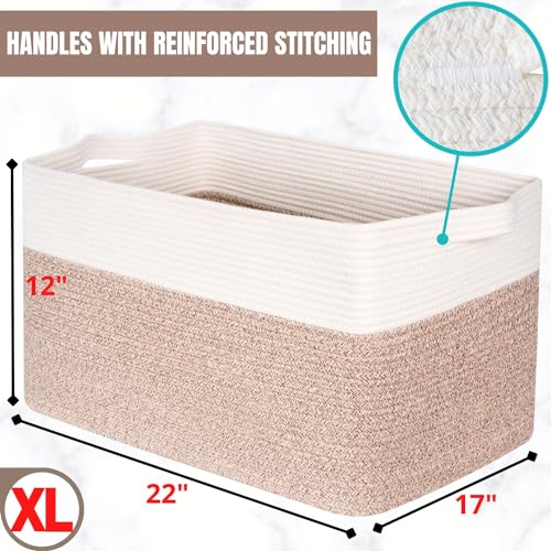 MINTWOOD Design 22in Extra Large Blanket Basket Holder Living Room, Rectangle Rope Woven Storage Basket with Handles for Laundry, Pool Towels, and Shoes, Dog Toy Organizer Bin Box, Light Brown - color: Light Brown