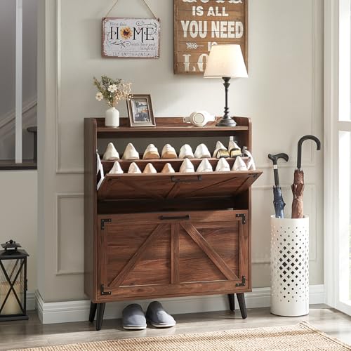 Barnyatoh Shoe Storage Cabinet with 2 Flip Drawers, Farmhouse Hidden Shoe Organizer, Narrow Slim Shoe Rack Cabinet for Entryway Hallway,Walnut - color: Walnut