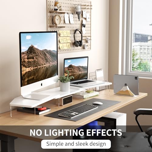 AFOOYO LED Dual Monitor Stand Riser for 2 Monitors,Office Desktop Wooden Stand Adjustable Length and Angle 3 Shelf,Extra Long Multifunctional Stand up to 44.4" for Computer,Laptop,TV,White - color: White, size: Dual
