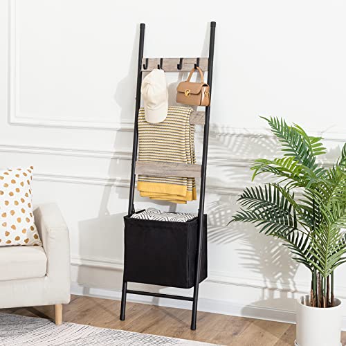 HOOBRO Blanket Ladder with Basket, 17.3”L x 63.4”H, Towel Rack with Hooks, Blanket Holder Rack, Decorative Ladder Shelf, Drying and Display Rack for Bathroom, Living Room, Greige BG31CJ01 - color: Greige + Black