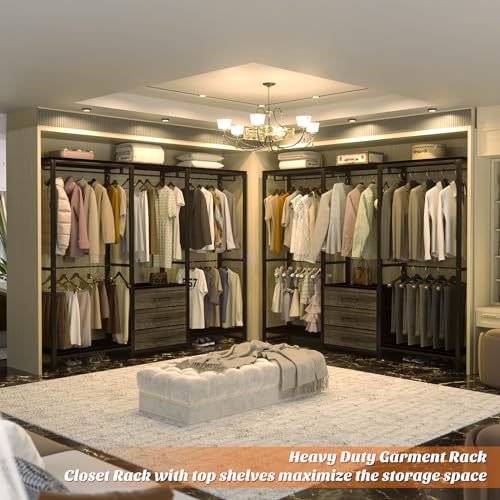 Aheaplus Garment Rack Heavy Duty Clothes Rack for Hanging Clothes,Clothing Rack with Drawers, Wood Stoarge Shelf Wardrobe Rack, Freestanding Closet Corner L Shaped Closet System Organizers,Black Oak - color: Black Oak