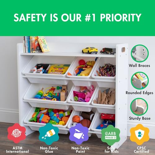 Humble Crew Toy Storage Organizer with 9 Removable Storage Bins for Kids Playroom, 3-Tier with Top Shelf Toddler Toy Organization, White/White - color: White
