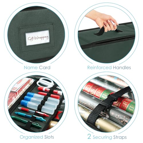 Hearth & Harbor Wrapping Paper Storage Container with Ribbon Storage Organizer - Christmas Storage Bag with Extra Interior Pockets - Gift Wrapping Organizer Storage Fits Up to 26 Rolls of 40" Length - color: Green, size: Large