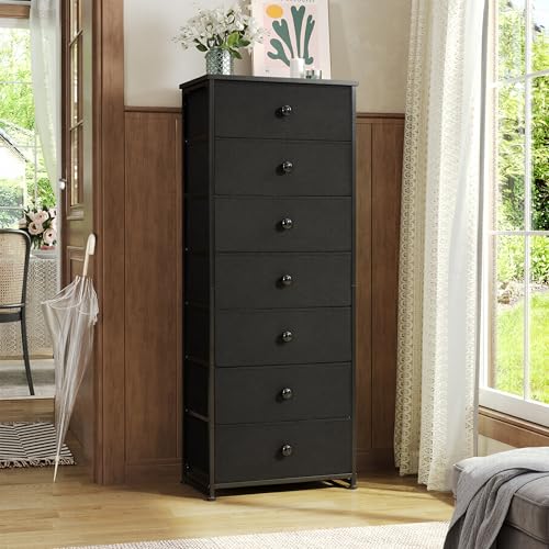 Crestlive Products Tall Dresser, 7-Drawer Fabric Storage Tower, Chests of Drawers - Vertical Organizer Unit for Bedroom, Hallway, Entryway, Nursery, Closets - Steel Frame, Wood Top & Handles (Black) - color: Black, style: Narrow-7 Drawers