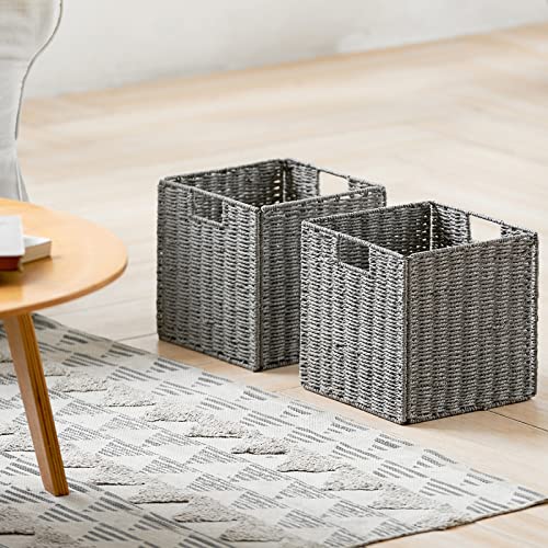 Vagusicc Wicker Storage Basket, Set of 2 Hand-Woven Storage Baskets for Shelves with Handles, Foldable Cube Storage Baskets Bins Organizer 13 inch Large Wicker Baskets for Pantry Bedroom Decor, Grey - color: Grey, size: 13'' x 13'' x 13''